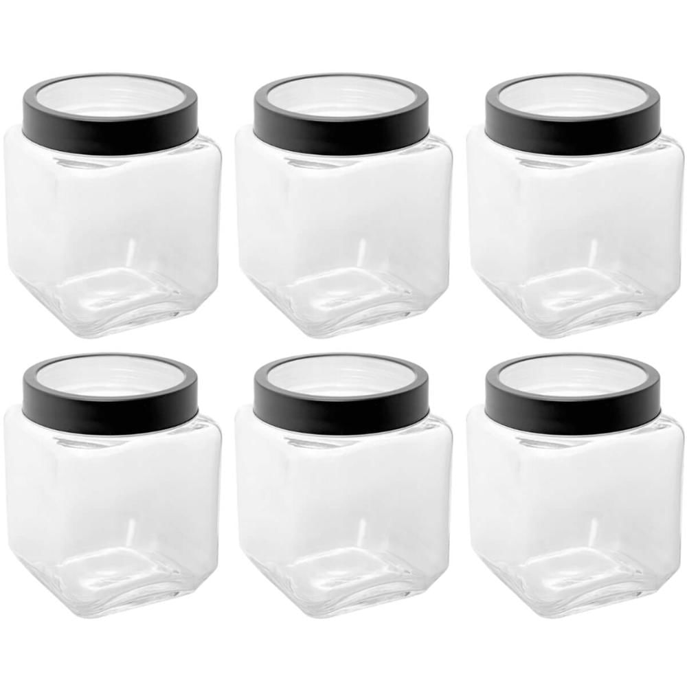 Kit 6 Porta Mantimentos de Vidro 1,2L Gastro Lyor com Tampa Metal e Acrílico Preta Quadrado Pote Alimentos