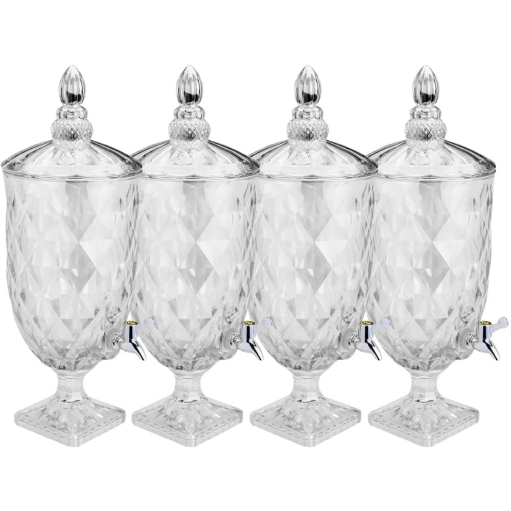 4 Suqueiras Cristal 5L com Pé Diamond Lyor Torneira Bar Restaurante Incolor