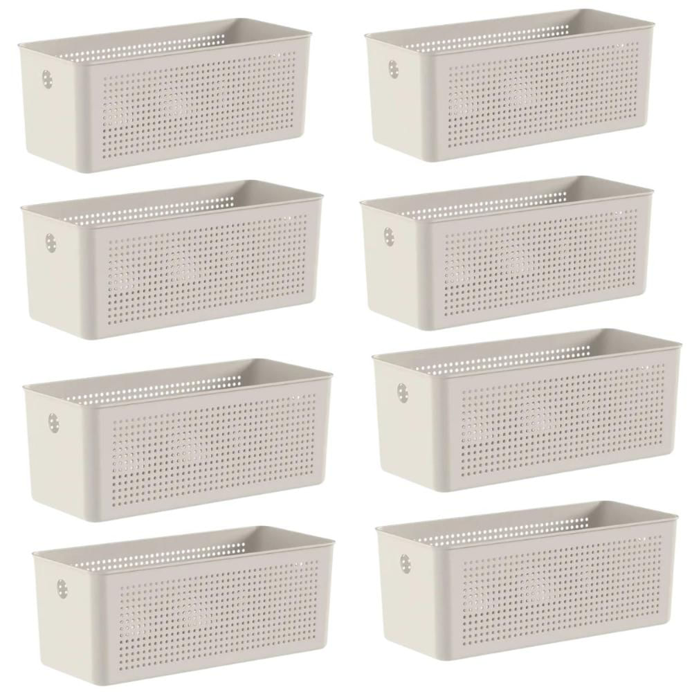 Kit 8 Caixas Organizadoras Multiuso 6,6L Cestos Retangulares com Alças Bege Flow Ou