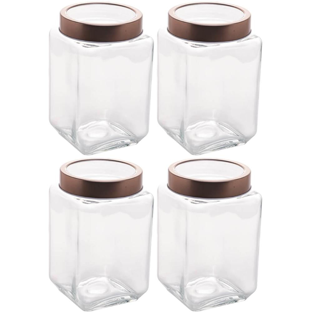 Kit 4 Potes Porta Mantimentos de Vidro 1,7L Tampa Metal Rose Gold Lyor Gastro