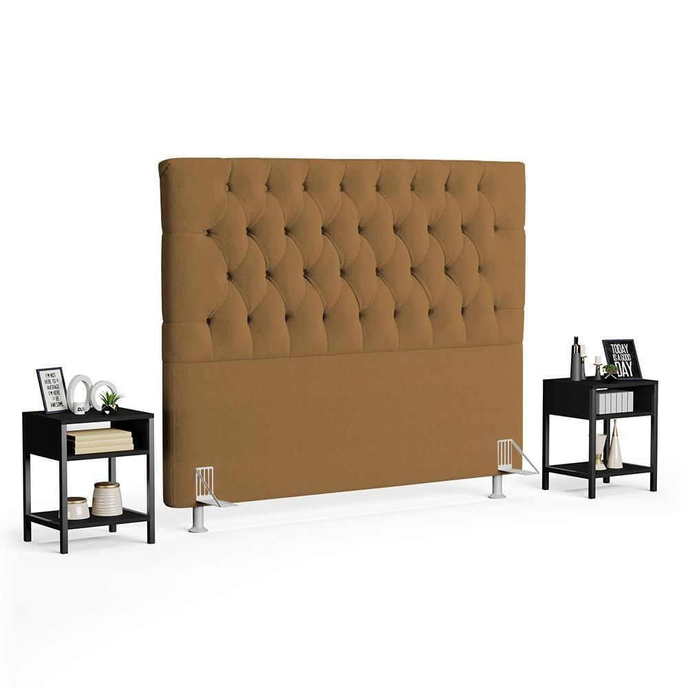 Cabeceira Casal King 195cm Cristal Boucle Mostarda E 2 Mesas Laterais Plaza Lc1 Preto - Mpozenato