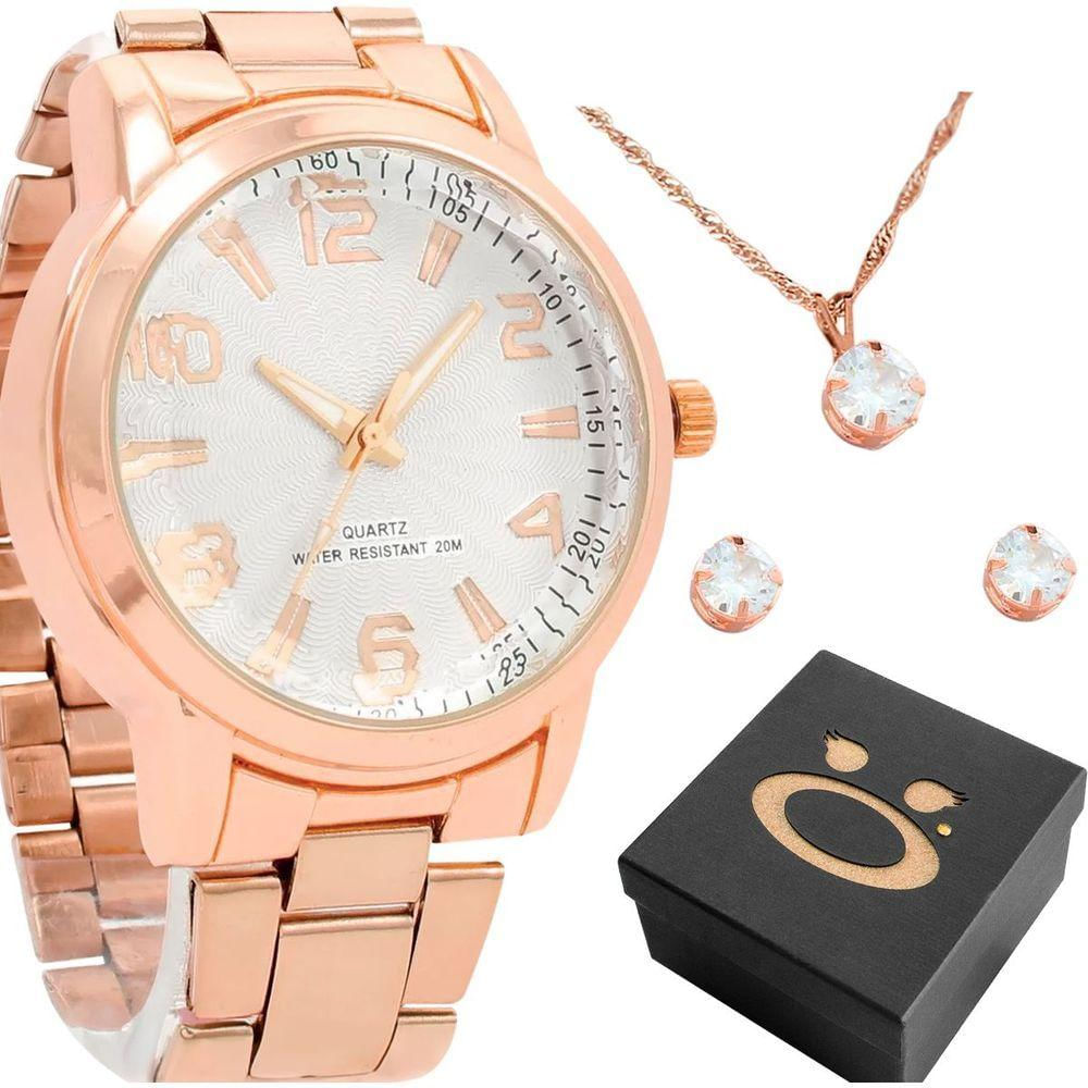 Relogio Banhado Rose Feminino + Caixa + Brincos Strass Colar Aço Inox Resistente Presente Ponteiro