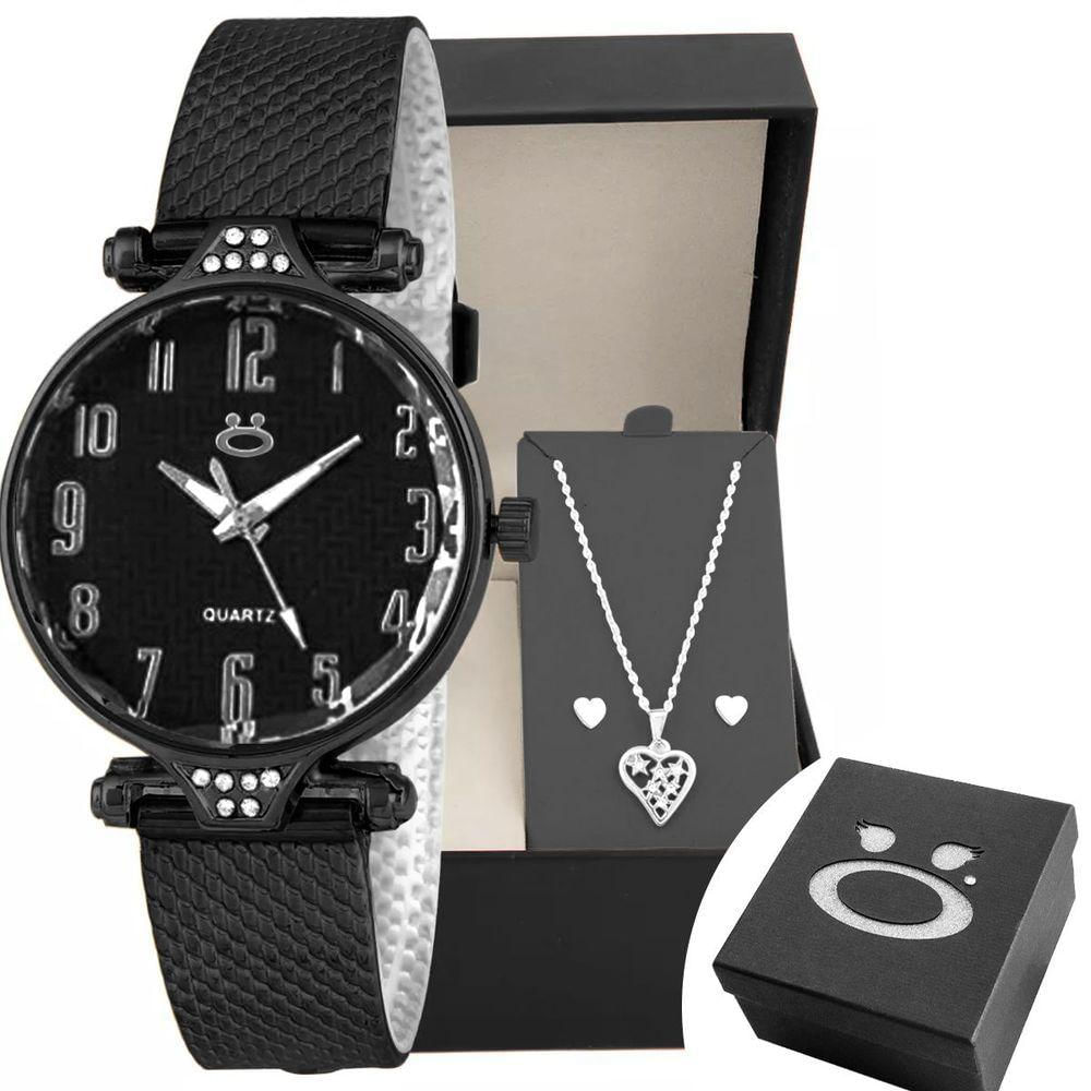 Relogio Preto Feminino Aço + Colar Coração Brincos + Caixa Inoxidável Original Silicone Ajustavel