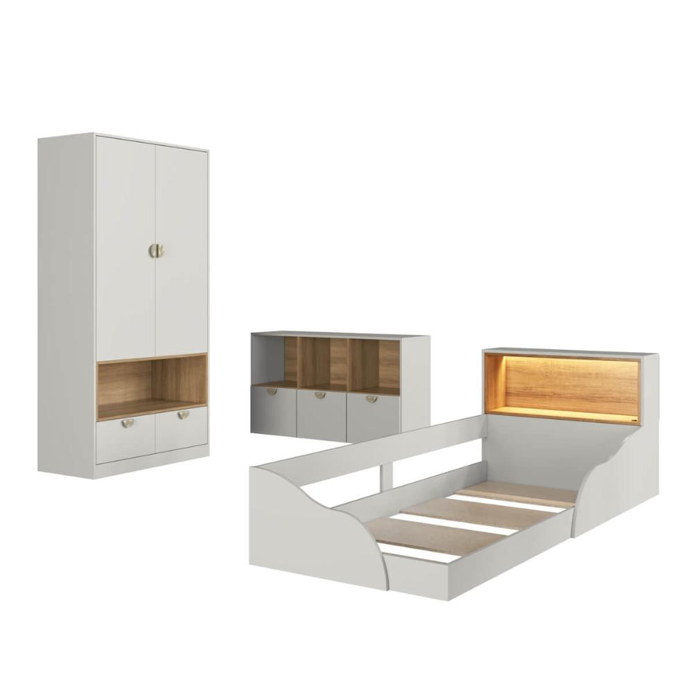 Quarto Infantil com Cama de Solteiro Montessoriana Cômoda e Guarda Roupas Lille CJ078
