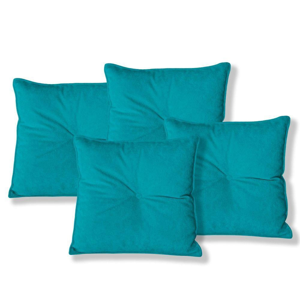 Kit 4 Almofadas Quadradas Tina Com Botão Central Boucle - 7 Decor Azul Turquesa