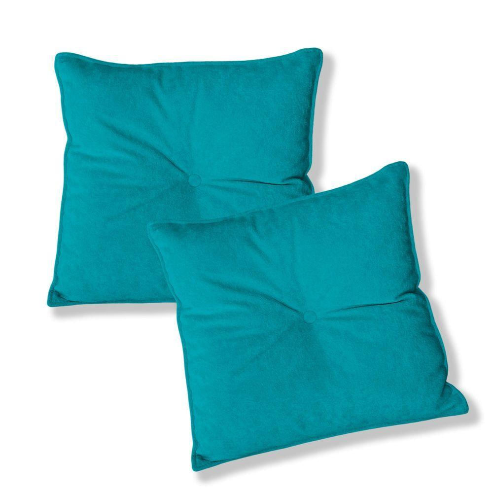 Kit 2 Almofadas Quadradas Tina Com Botão Central Veludo - 7 Decor Azul Turquesa
