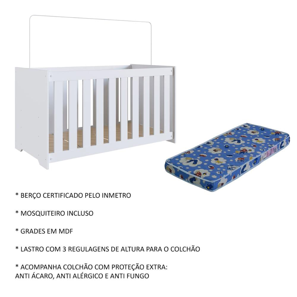 Berço com Regulagem e Colchão Branco Completa Móveis