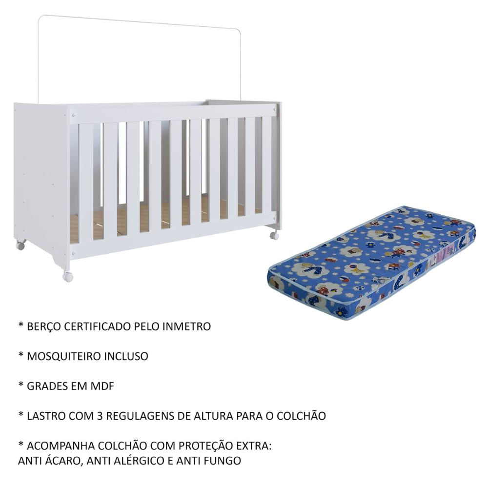 Berço com Rodízios e Colchão Branco Completa Móveis