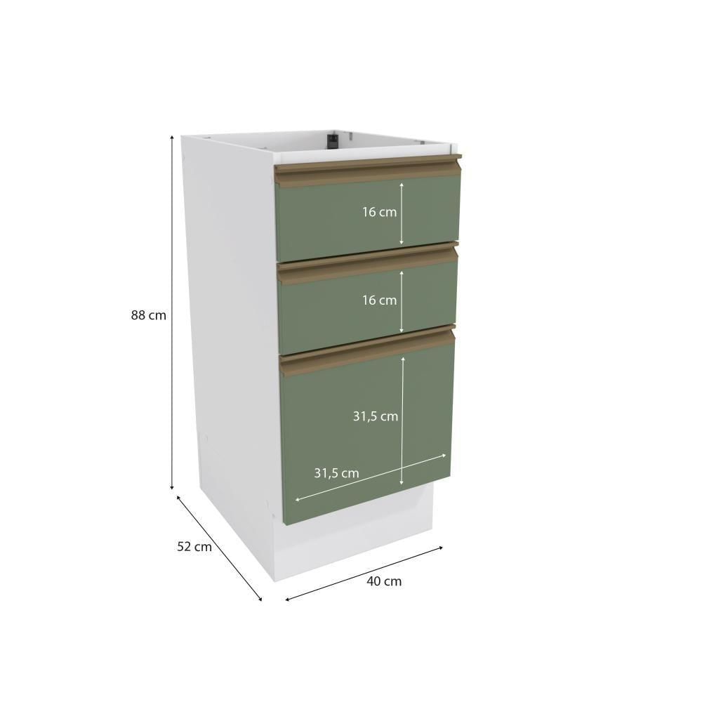Balcão 3 Gavetas Kappesberg Celeste 100% Mdf Branco-verde Oliva 40cm
