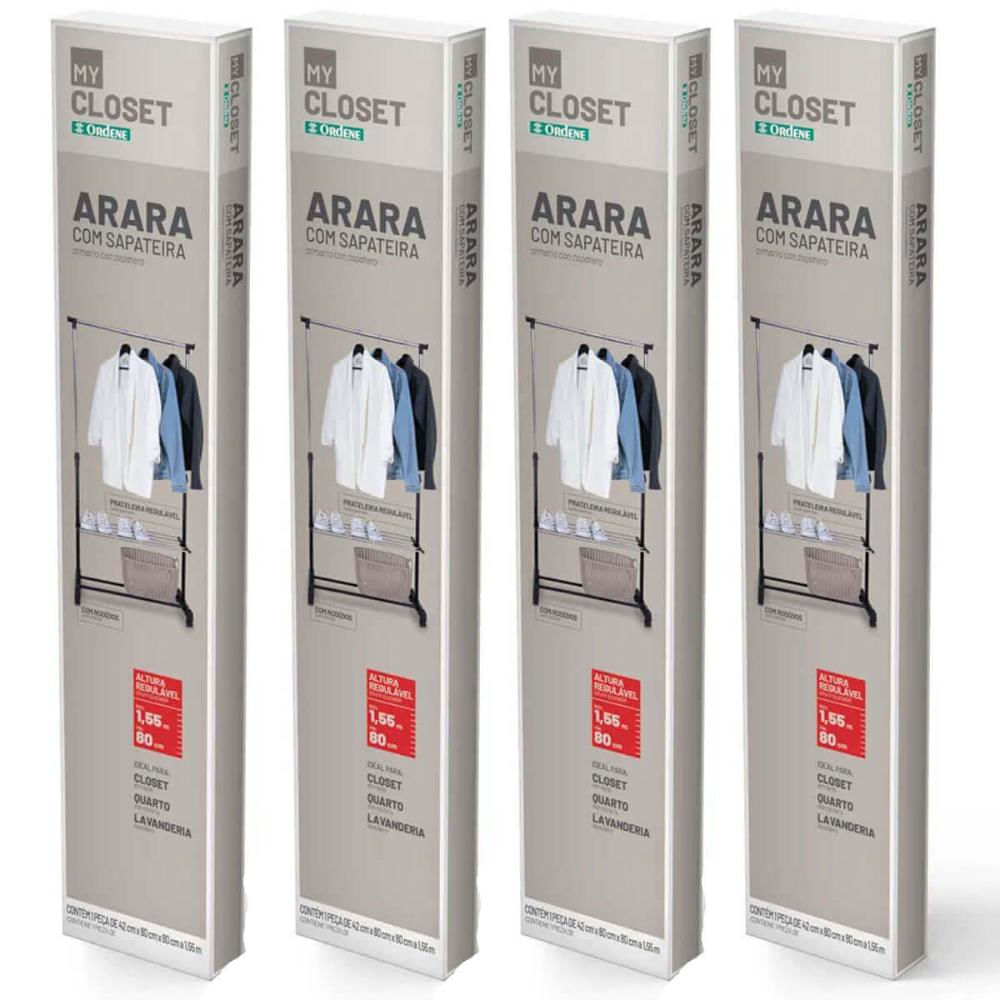 Kit 4 Araras Sapateira Regulável 80 a 155cm Ordene Expositor Calçados Closet Rodinhas My Closet