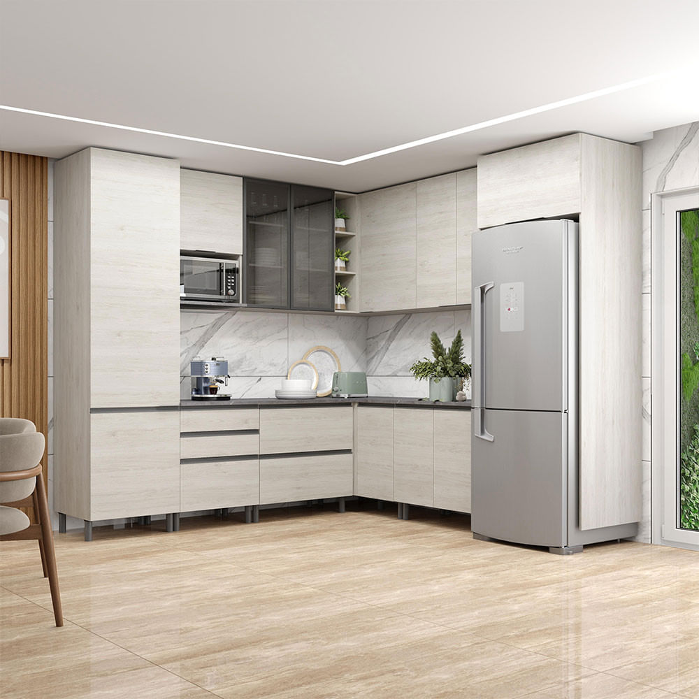 Cozinha Bartira Cristal com 14 Portas, 3 Gavetas, 13 Prateleiras