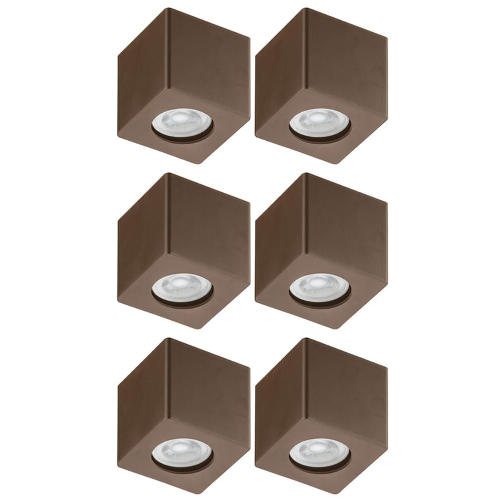 Jogo 6 Spots Sobrepor Lâmpada MR16 8x8cm Quadrados Marrom Baixos Dital
