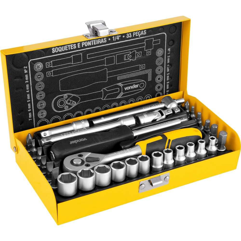 Jogo de soquetes e ponteiras com encaixe de 1/4" 40 mm a 130 mm com 33 peças VONDER