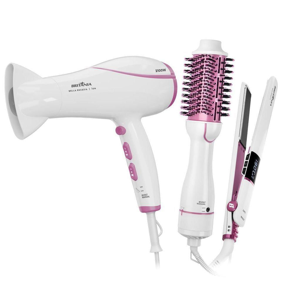 Kit Britânia Escova Prancha E Secador De Cabelos - Bivolt