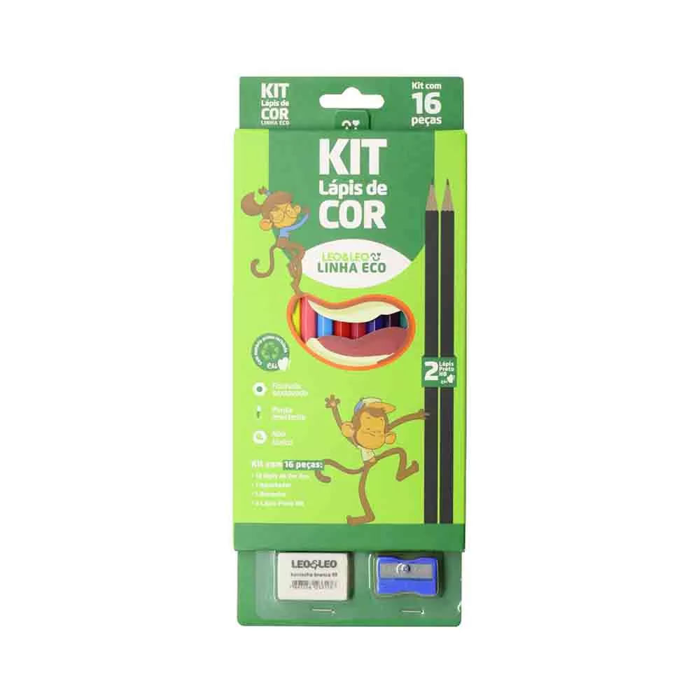 Kit Escrita Leonora Ecológico 12 Lápis de Cores + 2 Lápis Grafites HB + 1 Borracha + 1 Apontador