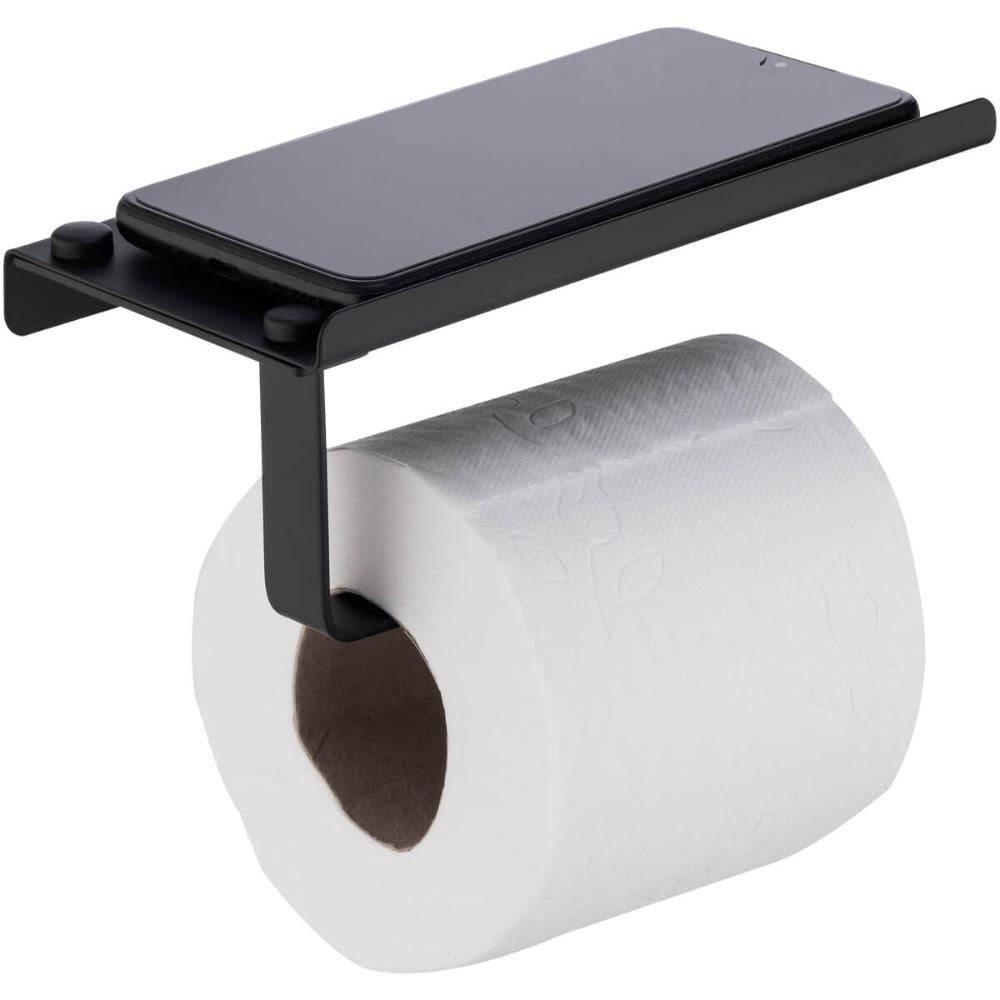 Porta Papel Higiênico Preto De Parede Com Suporte Apoio De Celular