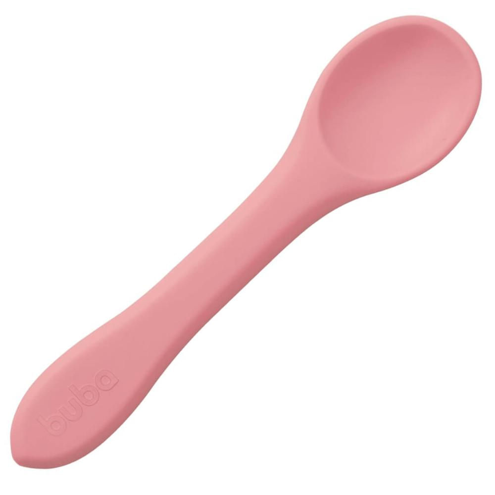Colher de Silicone para Bebê Buba Rosa +6m Introducao Alimentar Flexível