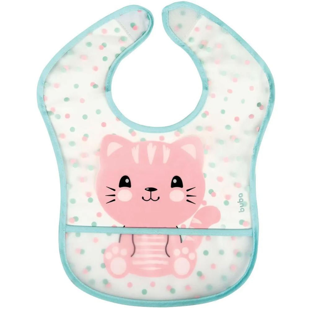 Babador Impermeável com Bolso Cata Migalhas para Bebê Buba Gatinho Rosa
