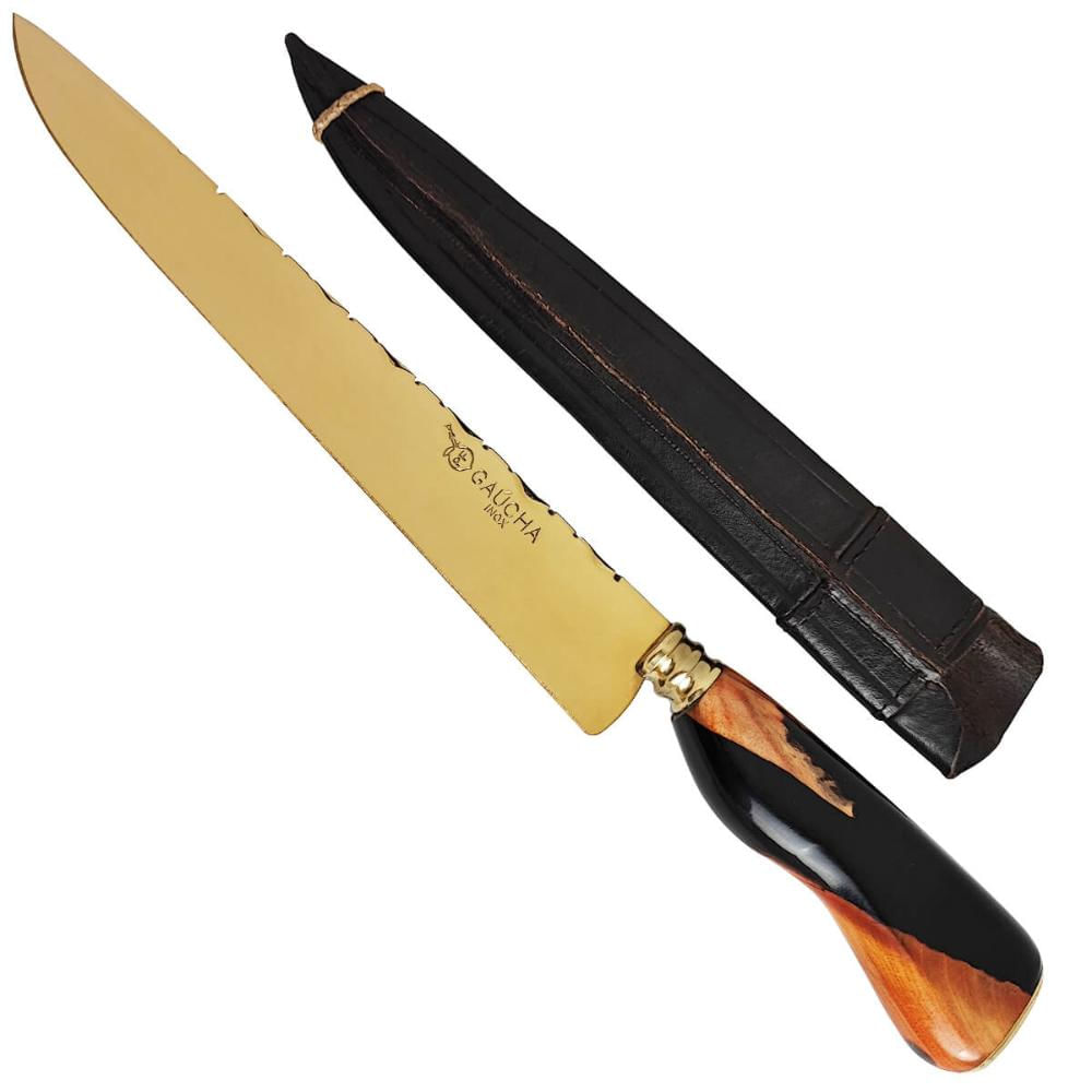 Faca Lâmina Dourada Gold 10' Churrasco Artesanal Aço Inox Gaúcha Cabo Madeira Resina
