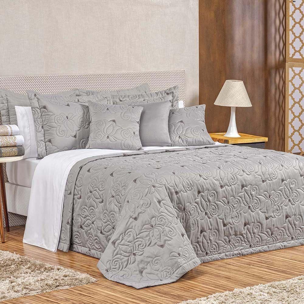 Kit Cobre Leito Colcha Marie King 3 Peças Bordado Floral 180 Fios - Cinza