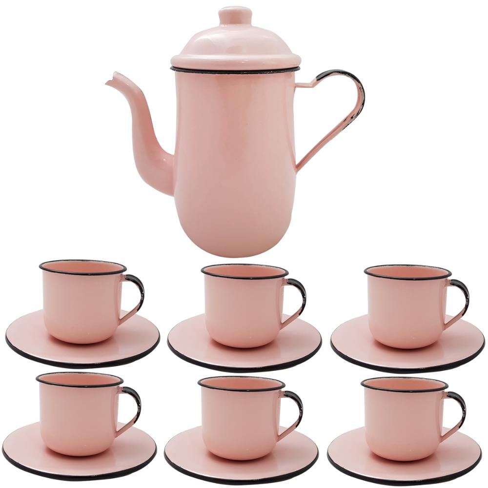 Kit Bule De Café E Chá Com 6 Xícaras e Pires Aço Esmaltado