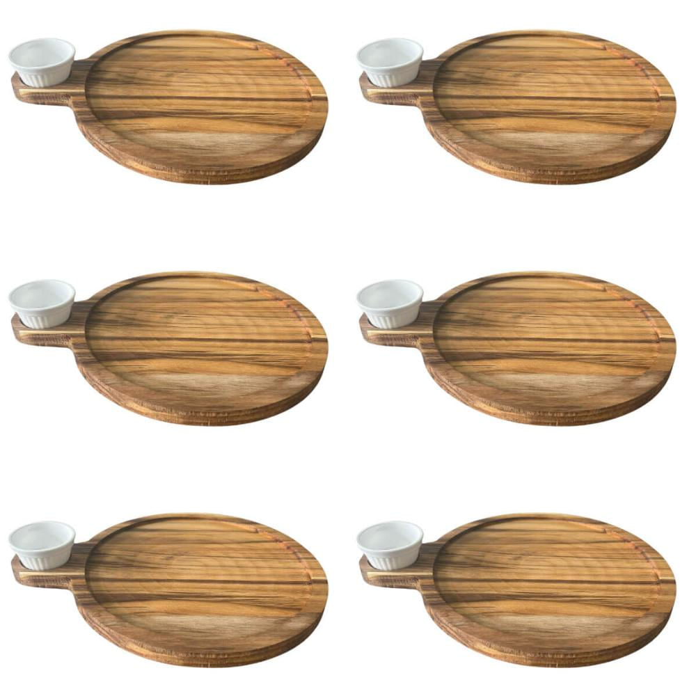 Kit 6 Petisqueira Teca 23cm Servir com Cabo e Ramekin 30ml Tábua Aperitivo Queijos