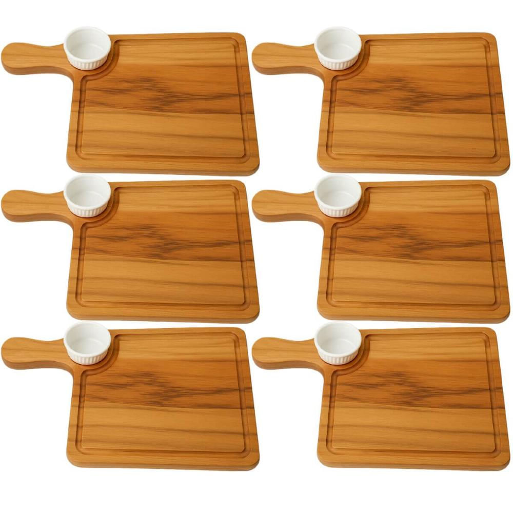 6 Tábuas Teca de Hambúrguer com Cabo Molheira 30ml Ramekin Branco Restaurante Zanline