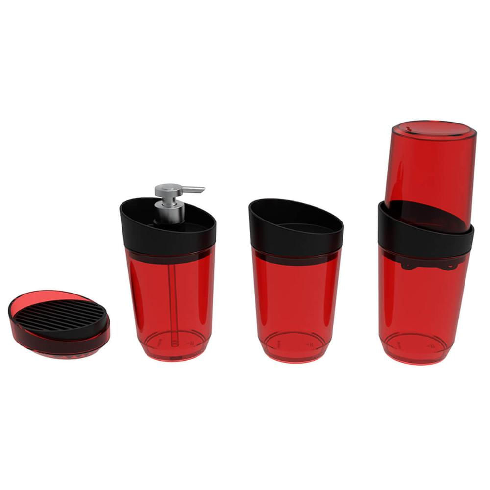 Kit Banheiro Crippa 4 Peças Porta Escova Porta Sabonete Líquido Porta Algodão e Saboneteira Vermelho Transparente