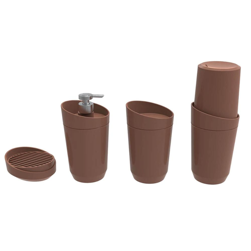 Kit Banheiro Crippa 4 Peças Porta Escova Porta Sabonete Líquido Porta Algodão e Saboneteira Bege