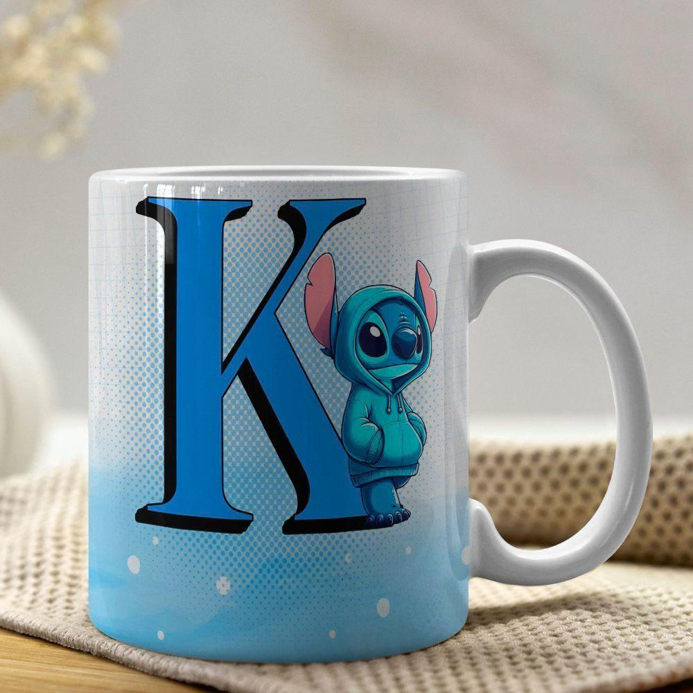Caneca De Porcelana Stitch Letras A-z 325ml Azul K