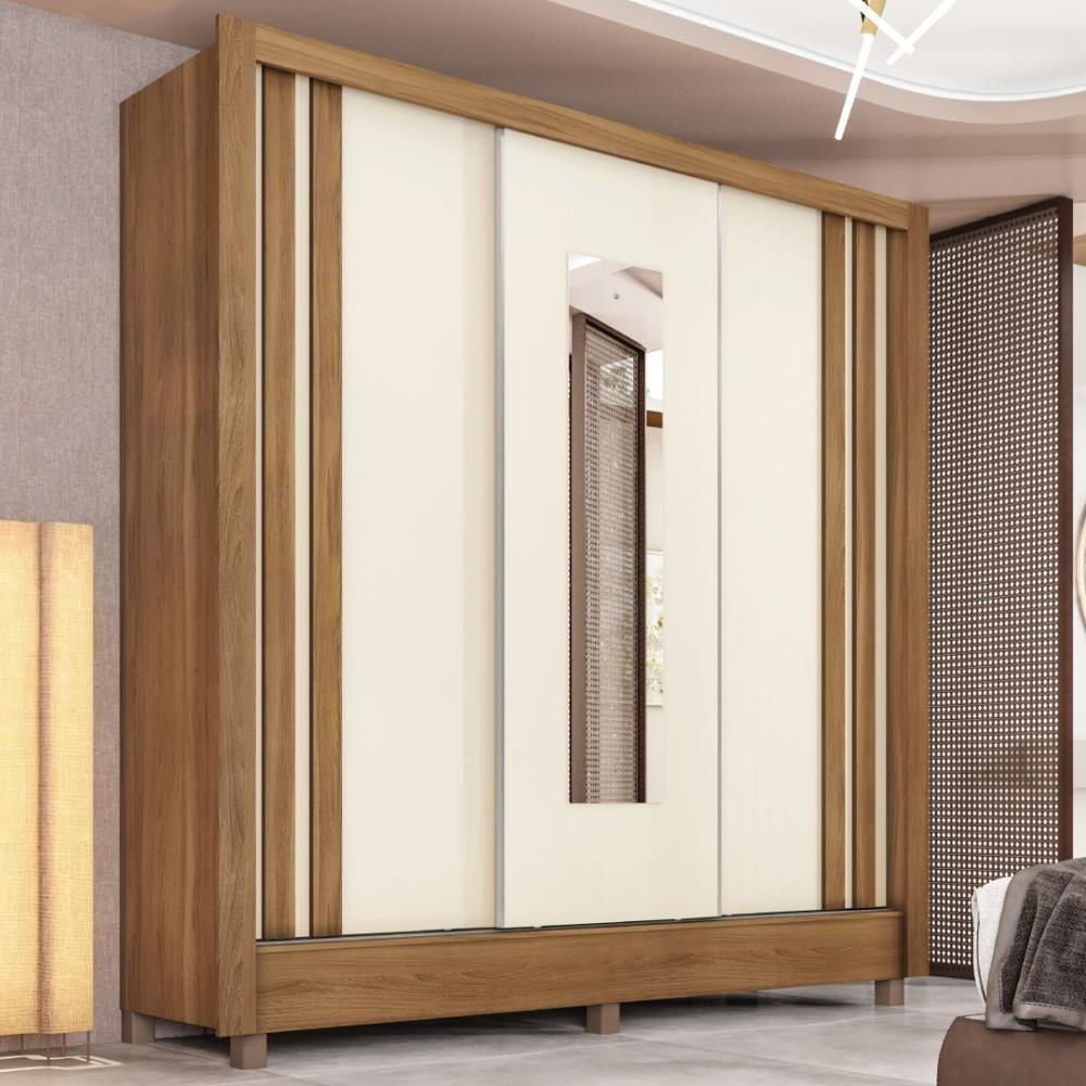 Guarda Roupa Casal 3 Portas Com Espelho E 2 Gavetas Ravel Flex Amêndola Touch-off White