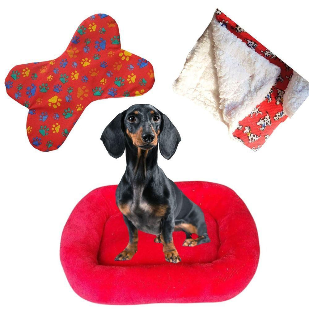 Cama Bigata G Tecido Soft Com Comedouro E Mantinha Kit 3 Peças Vermelho