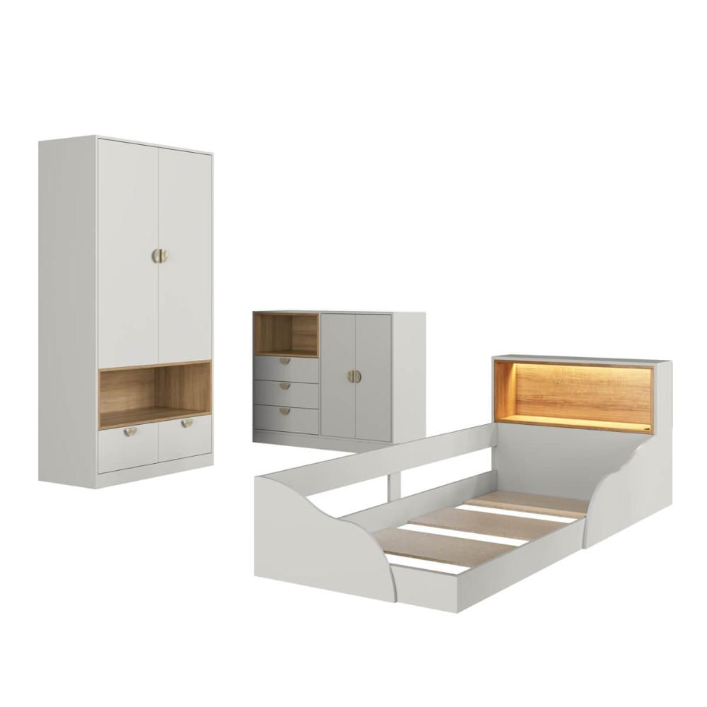 Quarto Infantil com Cama de Solteiro Montessoriana Cômoda e Guarda Roupas Lille Cj076