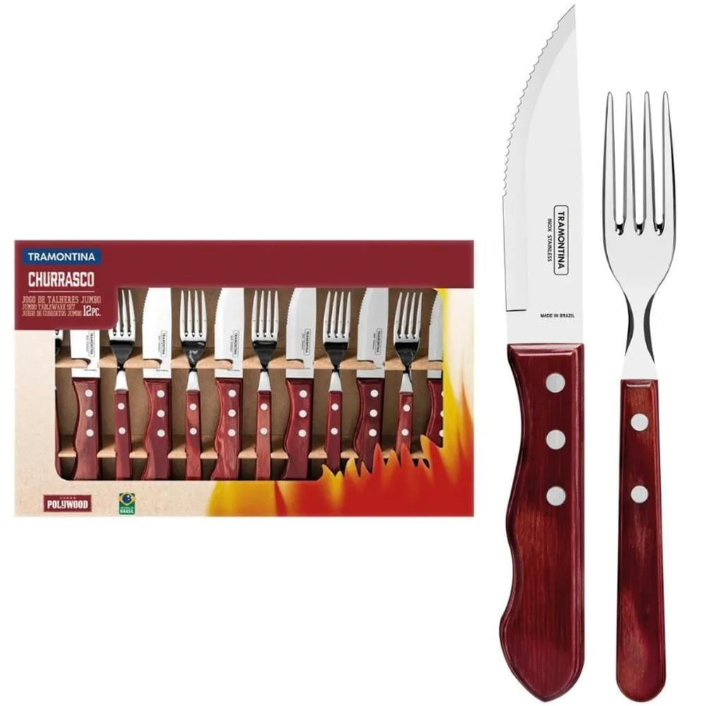 Jogo de Talheres para Churrasco Jumbo Tramontina em Aço Inox com Cabo Vermelho Polywood 12 Peças