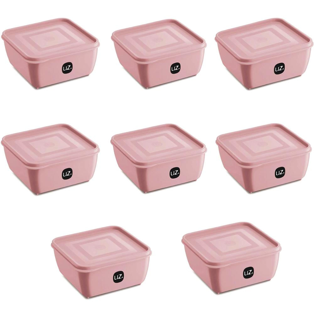 Kit 8 Potes Plástico UZ Rosa Quadrados Mantimentos 1,5L com Tampa Premium