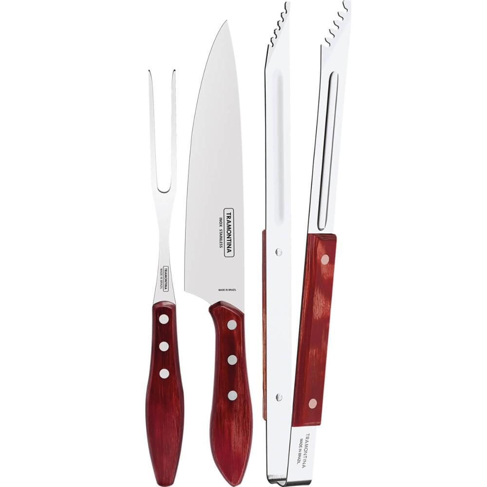 Jogo Trinchante Faca 8' Garfo e Pegador de Carne Tramontina Aço Inox e Cabos Polywood Vermelho