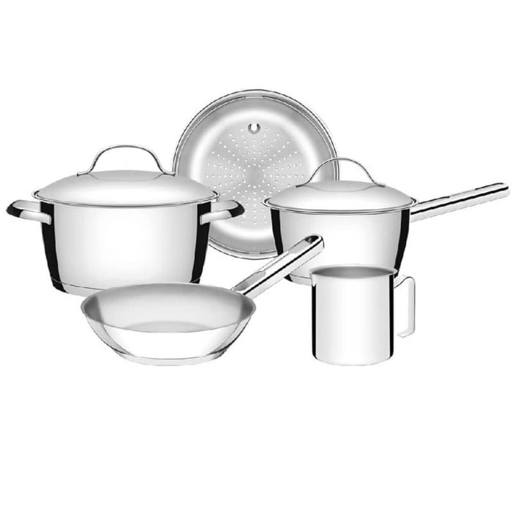 Jogo de Panelas 5 Peças Allegra em Aço Inox com Fundo Triplo e Tampas de Inox Tramontina