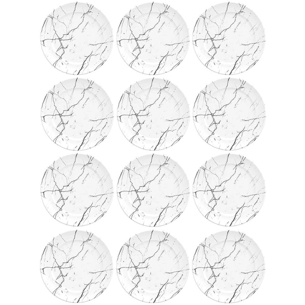 Jogo 12 Pratos de Sobremesa Germer Mármore Branco de Porcelana Raso Redondo 20,5cm