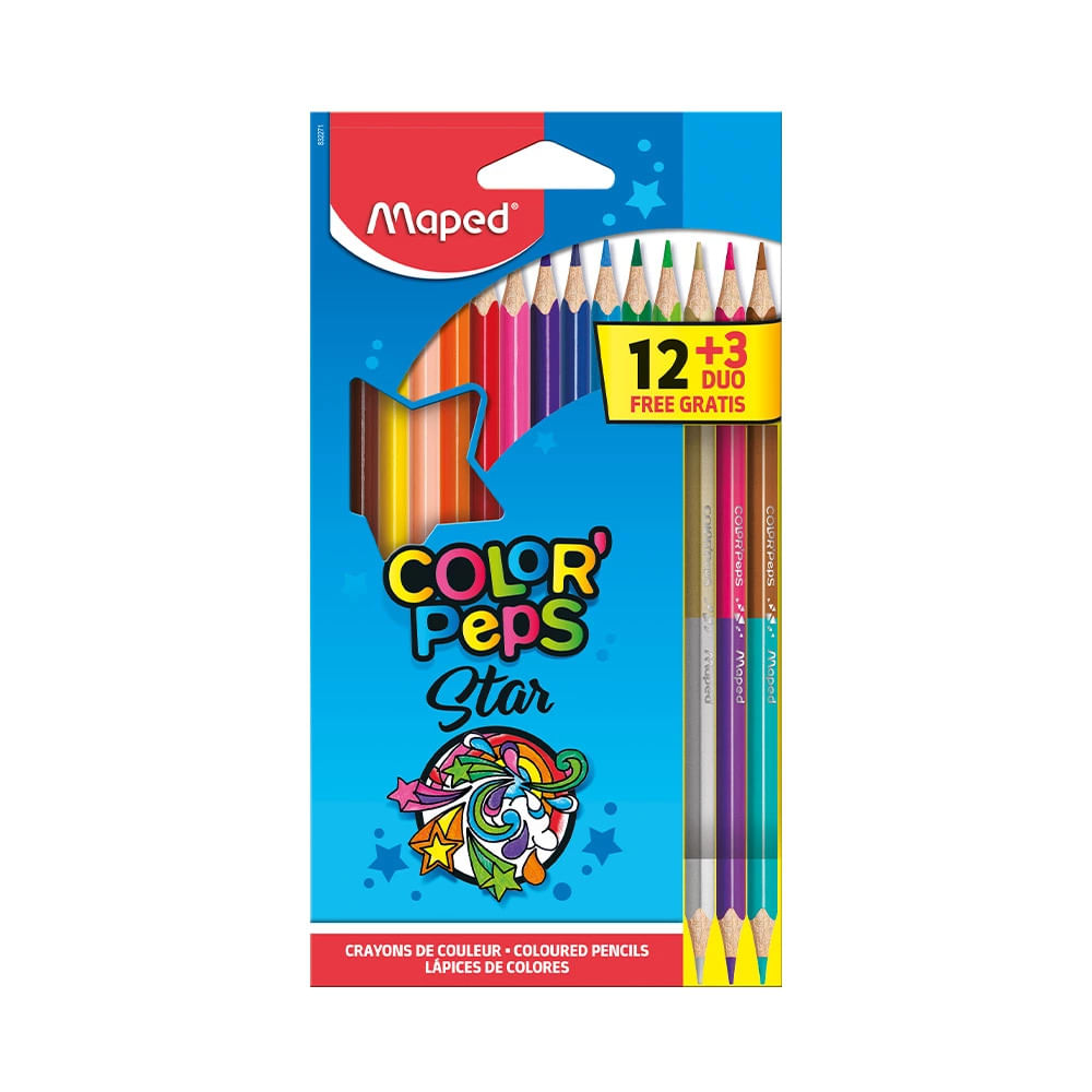 Lápis de Cor Maped Peps 12 Cores e 3 Lápis Bicolor