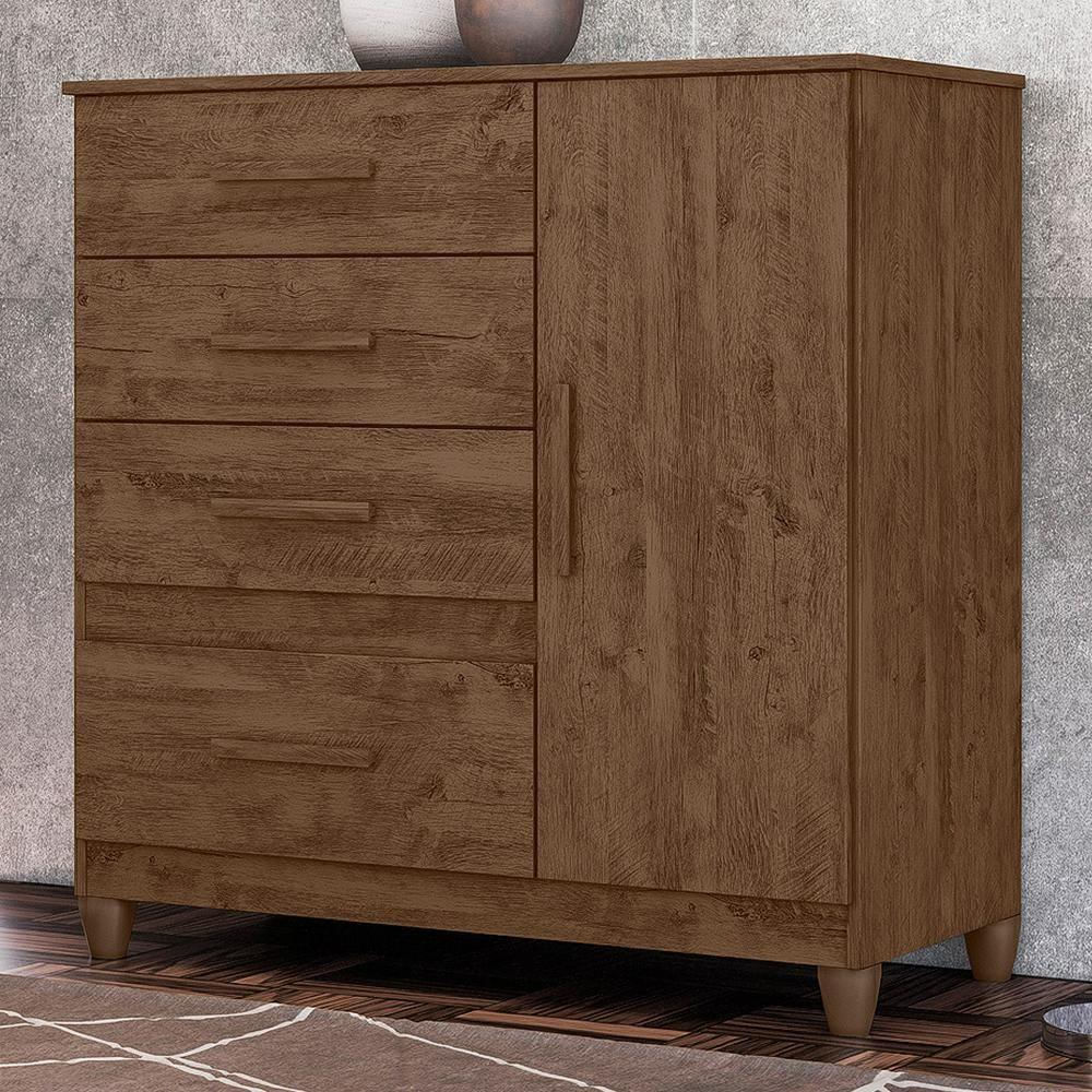 Cômoda Sapateira Vênus 1 Porta E 4 Gavetas Flex Castanho Wood Com Pés Moval Castanho Wood