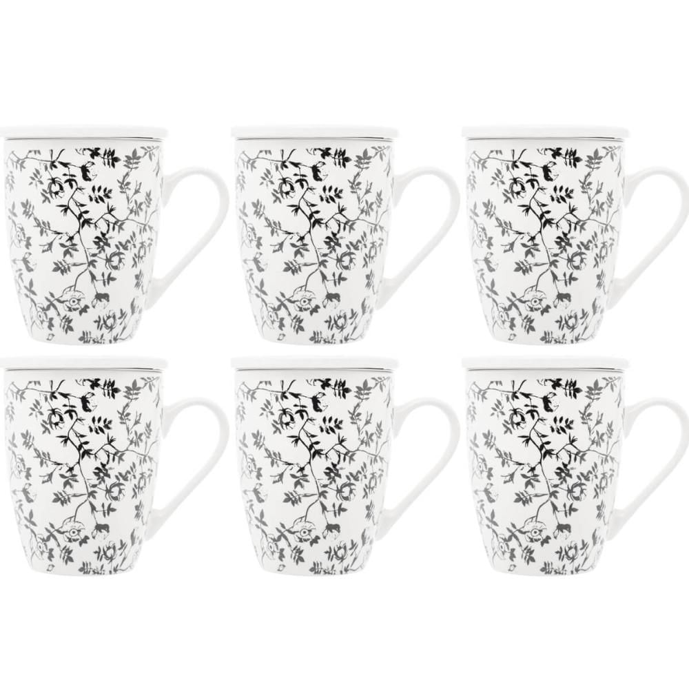 Conjunto de 6 Xícaras de Chá 310ml de Porcelana com Infusor Tampa e Filtro Canecas Tiny Flowers Lyor