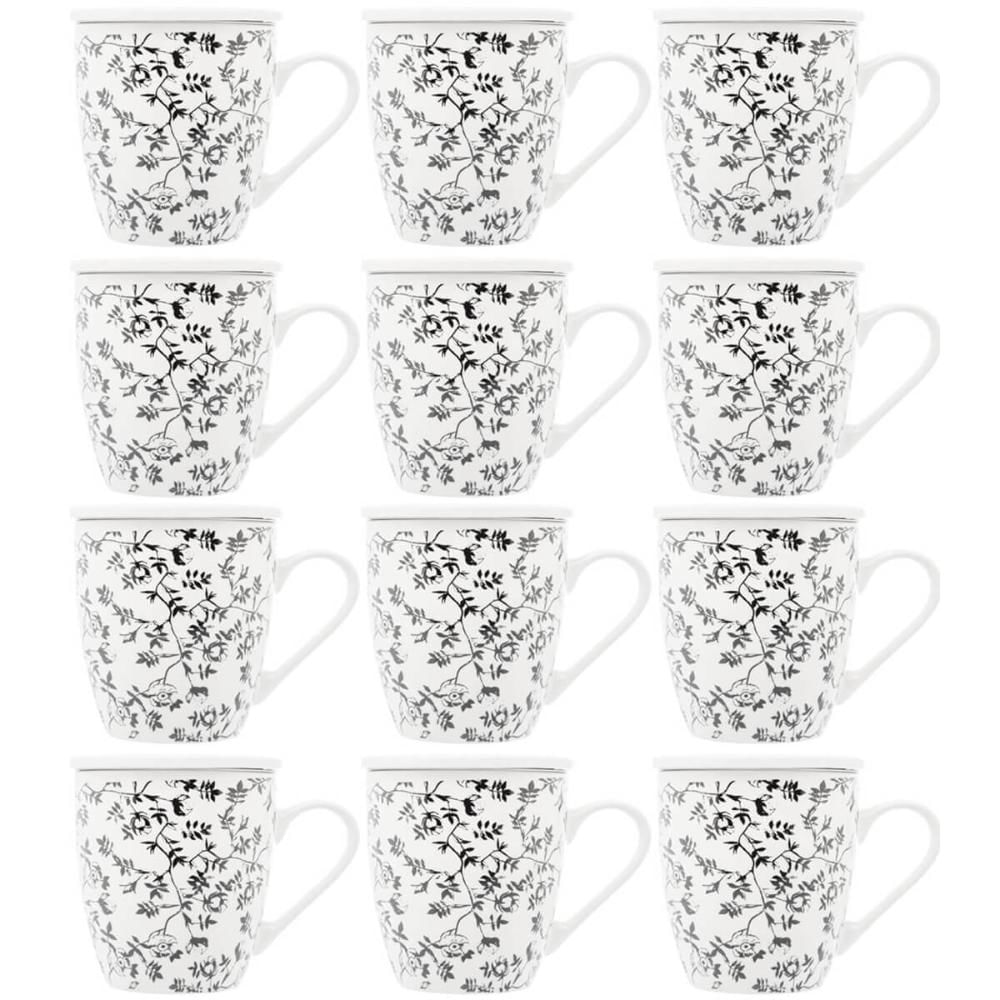 Jogo de Xícaras de Porcelana 12 Canecas com Infusor de Chá e Tampa 310ml Tiny Flowers Lyor