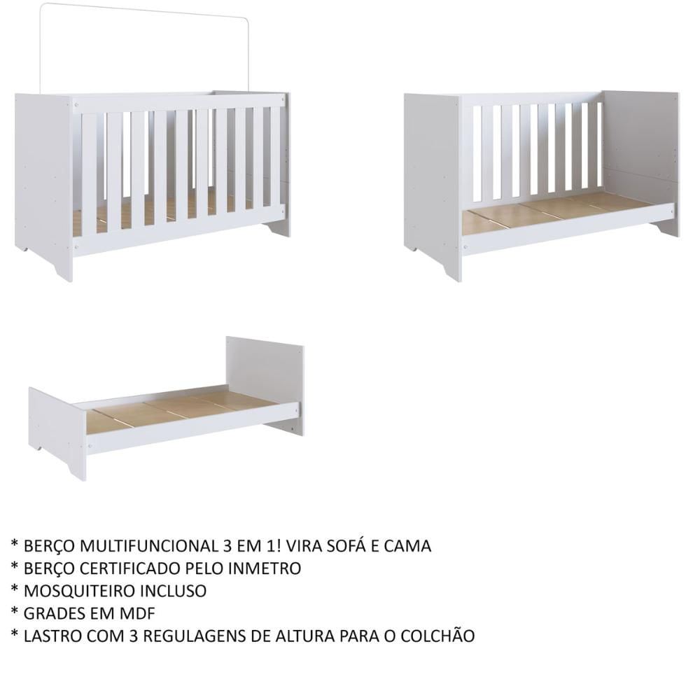 Berço 3 em 1 com Regulagem Branco Completa Móveis