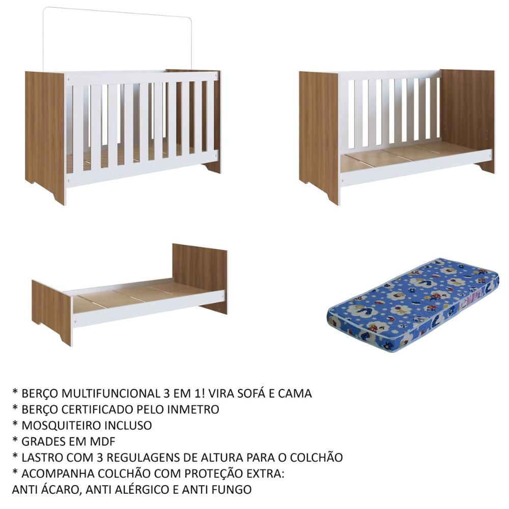 Berço 3 em 1 com Colchão Nogal com Branco Completa Móveis