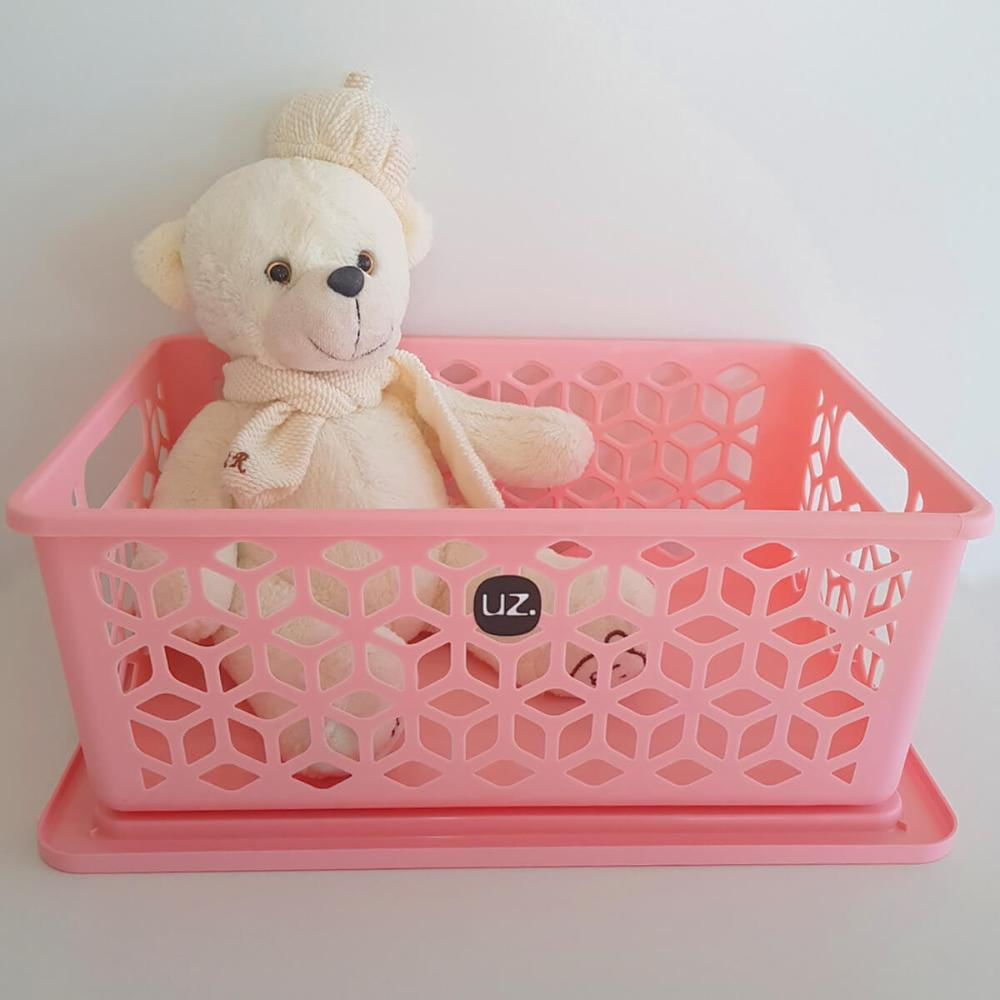Kit 3 Cestos Organizadores Empilháveis Com Tampa Caixa Organizadora Plástica Rosa