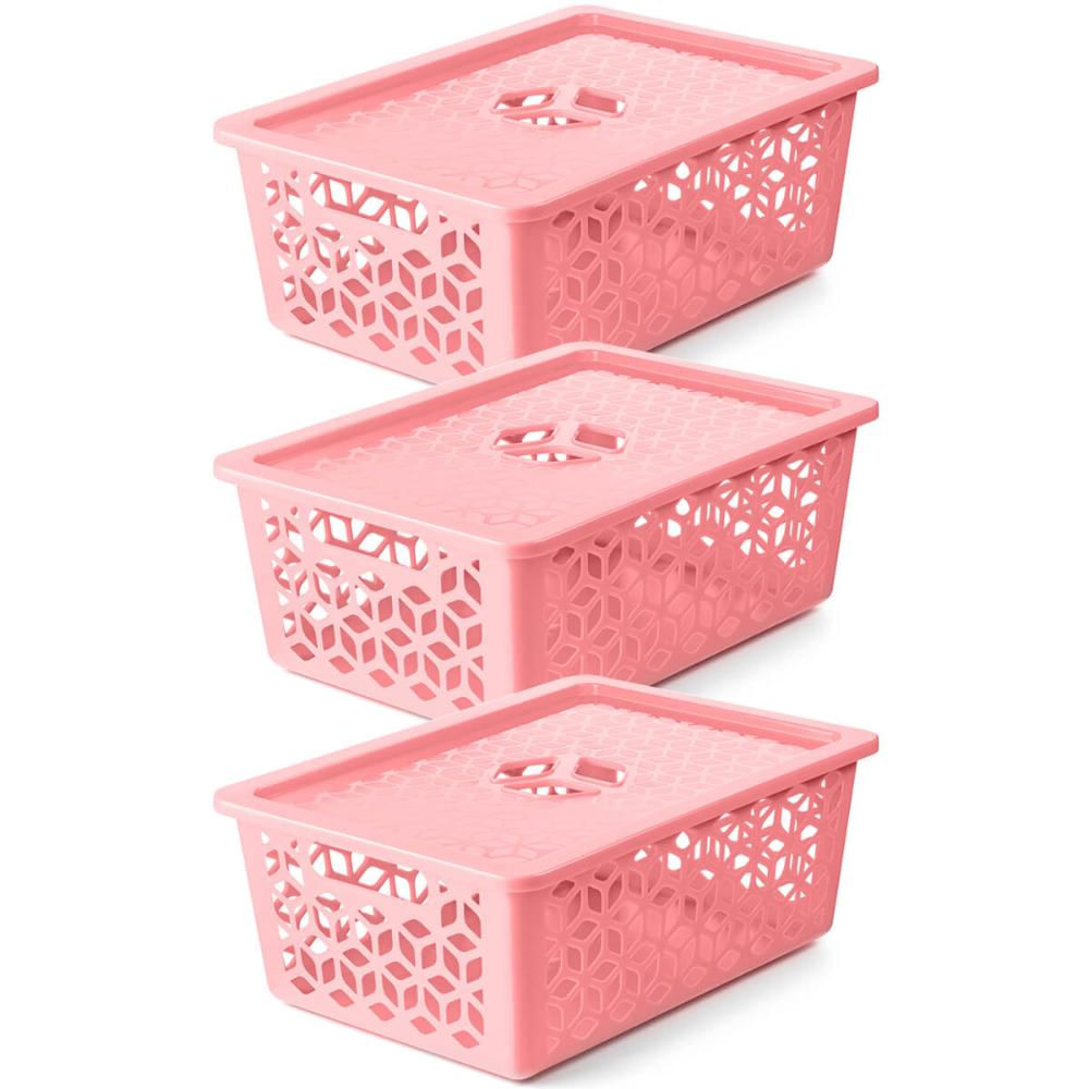 Kit 3 Cestos Organizadores Empilháveis com Tampa Caixa Organizadora Plástica Rosa