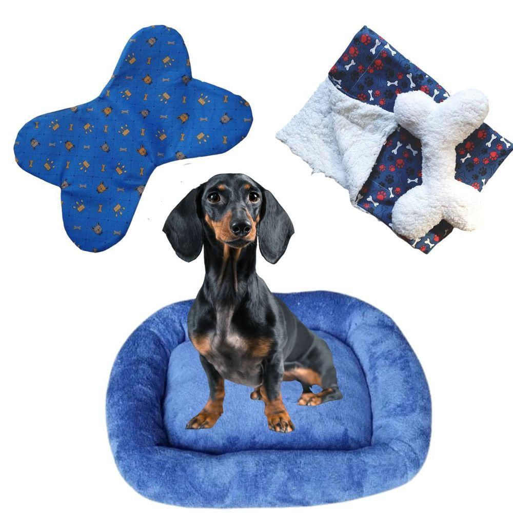 Kit Cama Pet Bigata G Luxo Com Comedouro Osso E Mantinha Azul Marinho