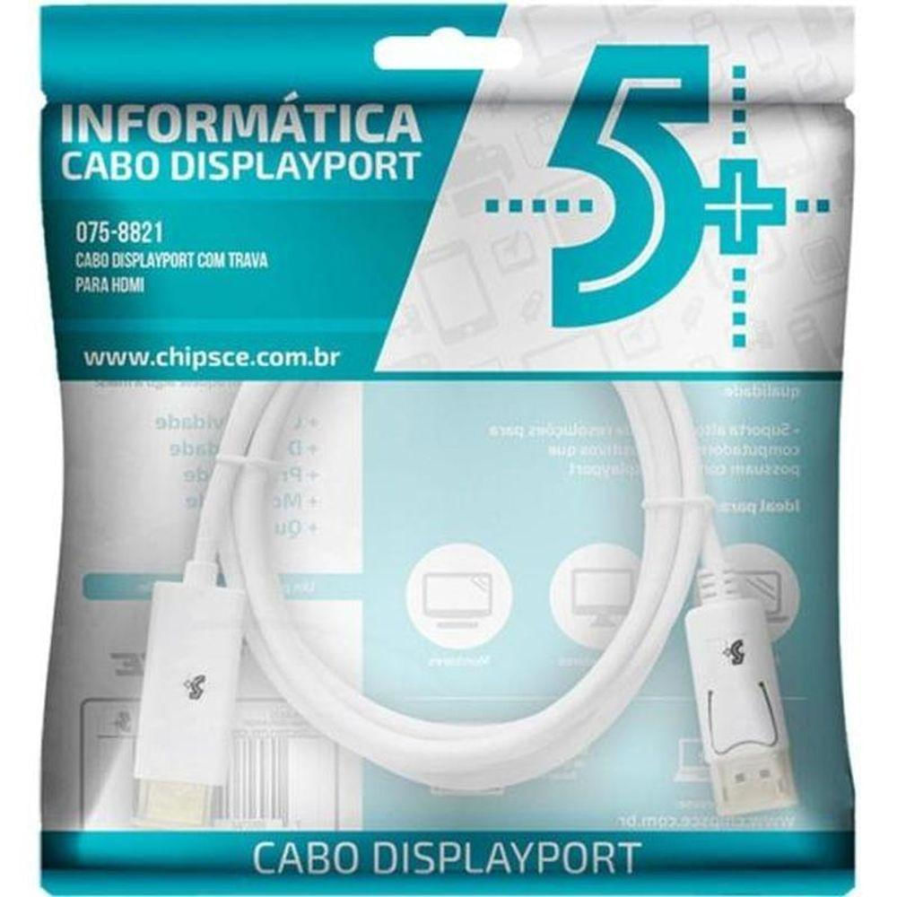 Cabo Displayport Para Hdmi 2m Com Trava Branco 5+