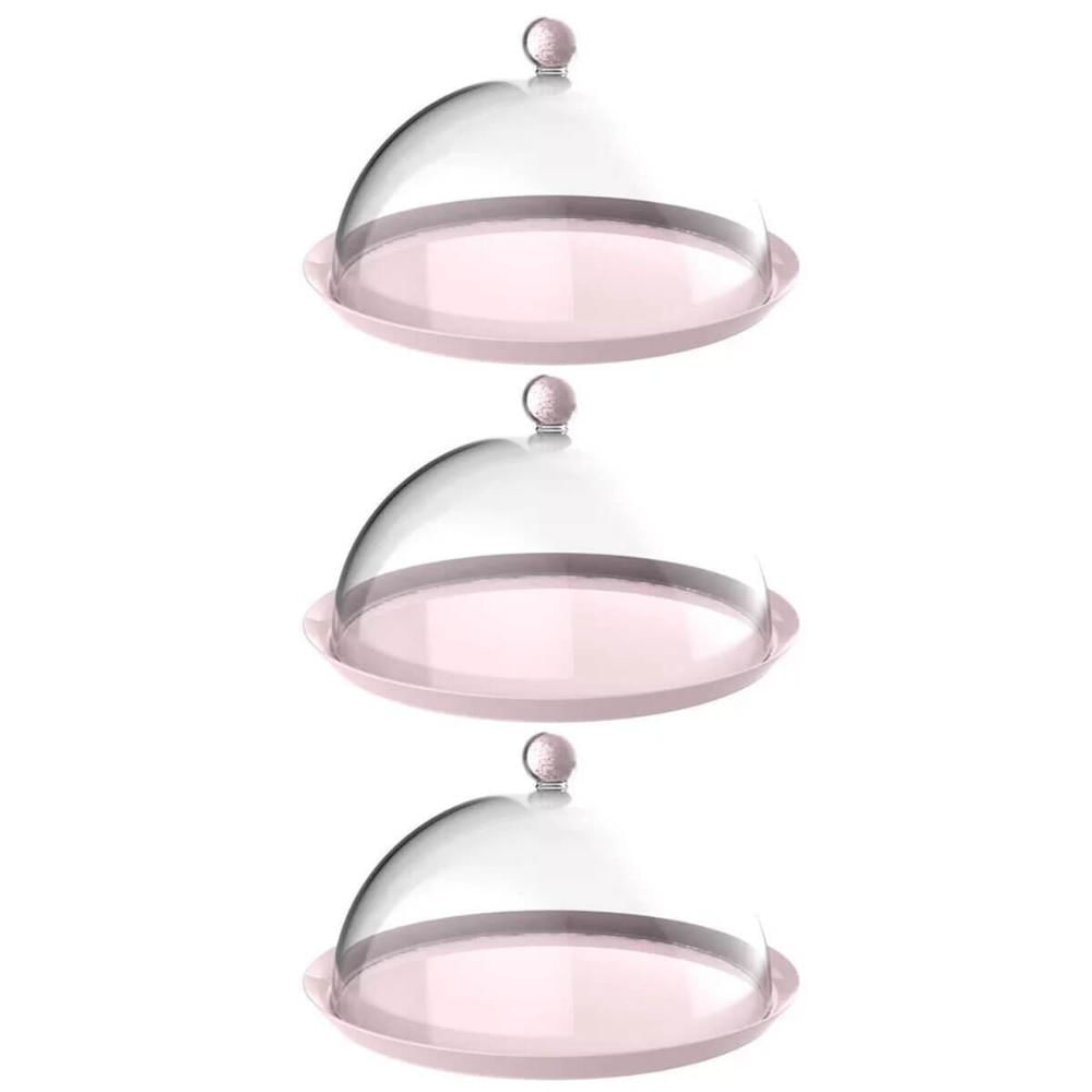 Kit 3 Porta Bolo Rosa Himalaia 30cm Cúpula Bubble Crippa Boleira Torta Doces