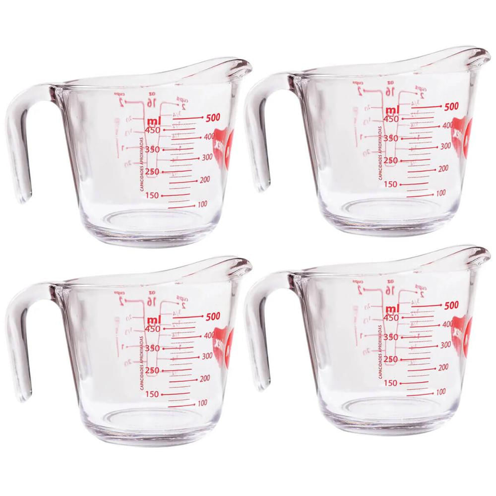 Kit 4 Jarras Medidoras de Vidro Marinex 500ml com Bico e Alça Restaurante Padaria